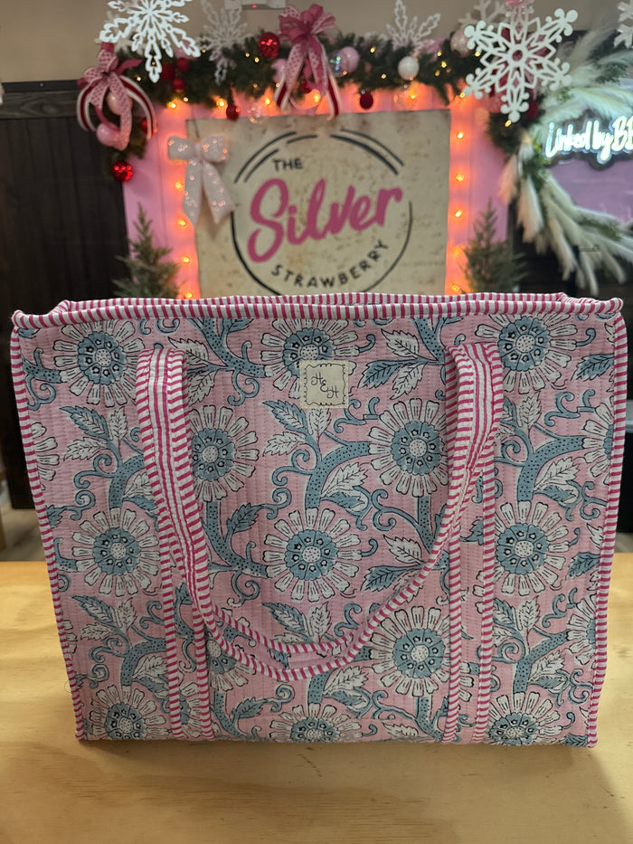 Quilted Tote Bag- "Light Pink & Blue Sunflower"