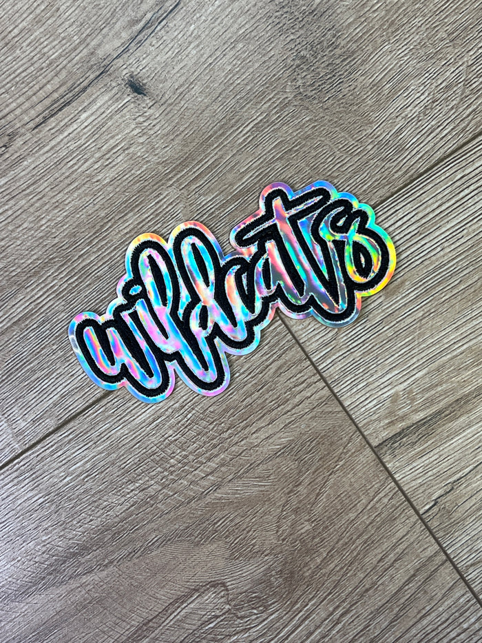 Hat Patches (Holographic)- "Wildcats; Cursive Silver & Black" (5X3)
