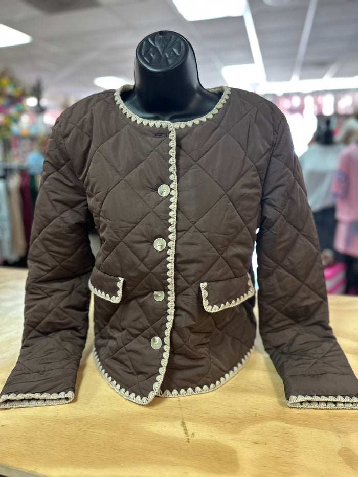 "Brown Scallop Stitched" Puffy Open Front Jacket