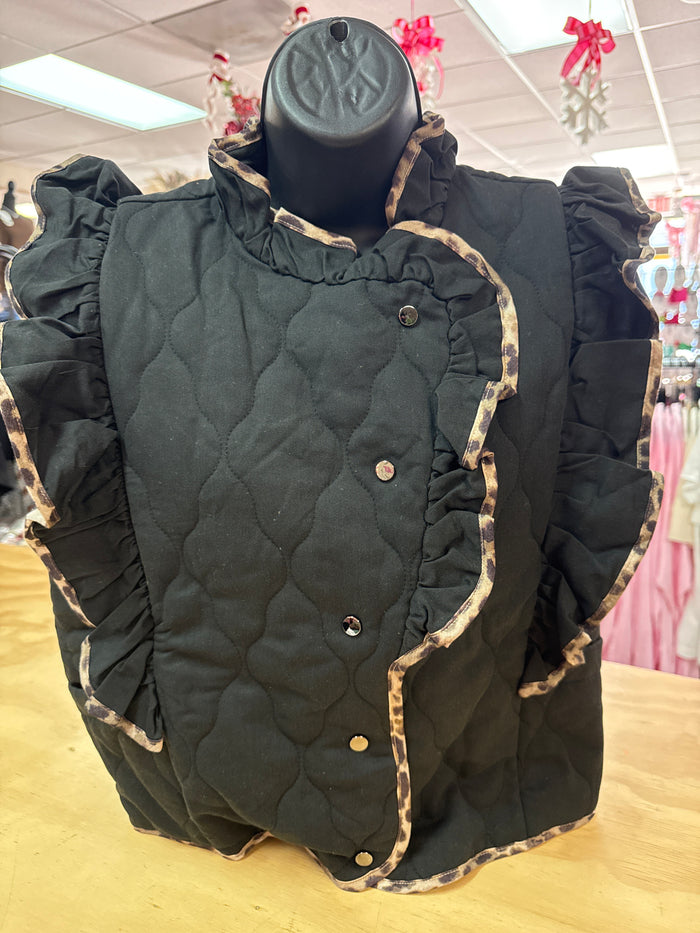 "Black Ruffle Sleeve & Cheetah Trim" Vest Top