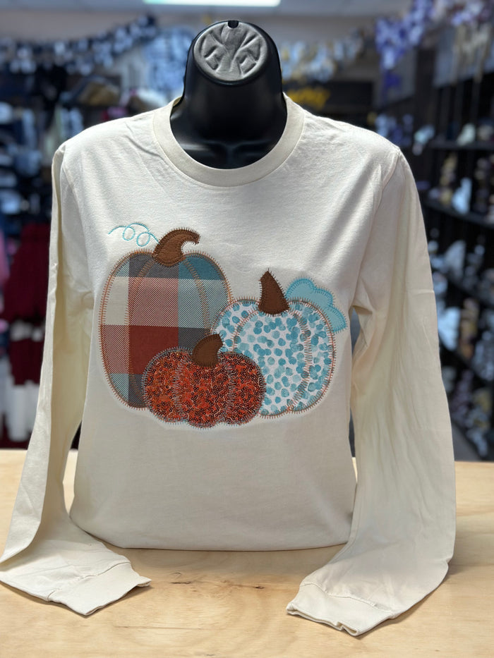 "Trio Assorted Pumpkins" Applique Long Sleeve Tee