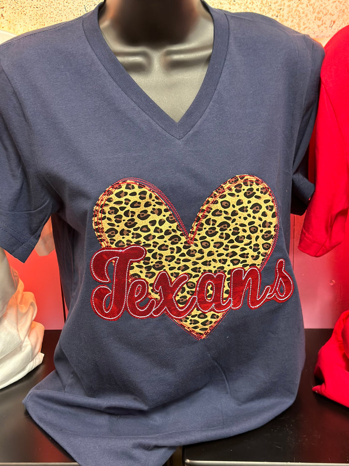 "Texans W/ Cheetah Heart; Applique" Navy Tee