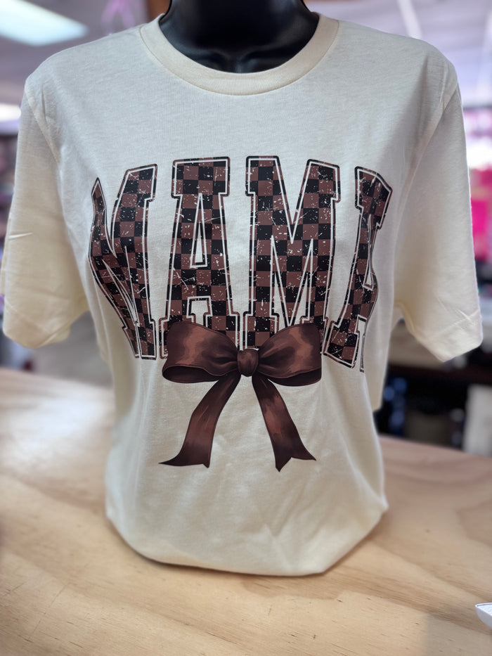 "Mama; Brown Checkered Bow" Cream Tee