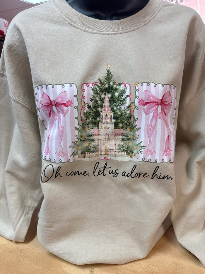 "Oh Come Let Us Adore Him" Tan Sweatshirt Jacket
