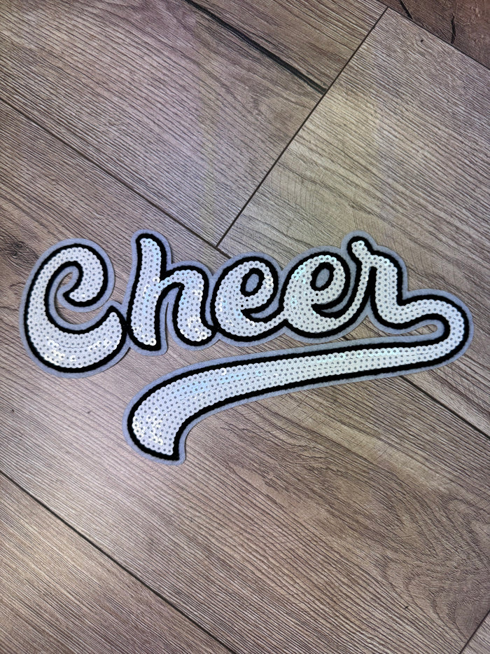 Shirt Patches (Sequins)- "Cursive Cheer; White" (11X6)