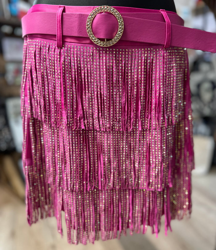 Fuchsia Rhinestone Fringed Skirt W/ Belt