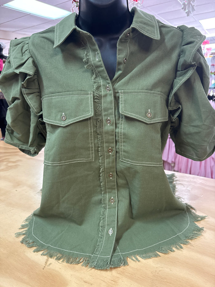 "Green Roughed Hem" Bubble Sleeve Top