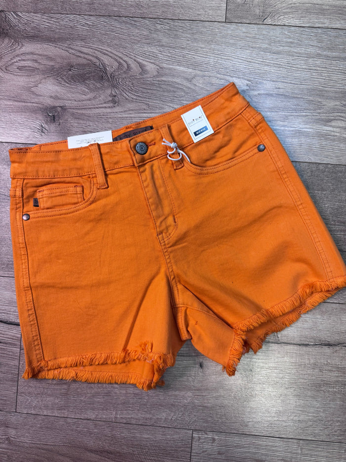 Judy Blue Mid Rise Shorts- "Orange Garment Dyed; Frayed Hem"