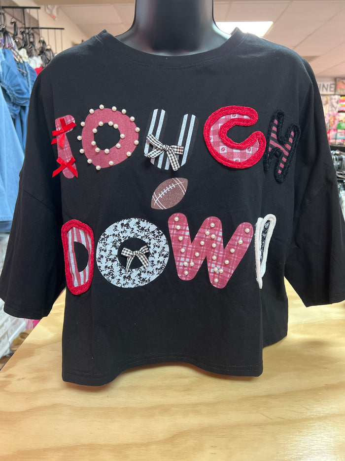 Black "Touch Down" Graphic Oversized Printed Crop w/ Trim Detail