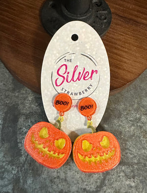 Glossy Acrylic Earrings- "BOO; Jack O Lantern" Pumpkin