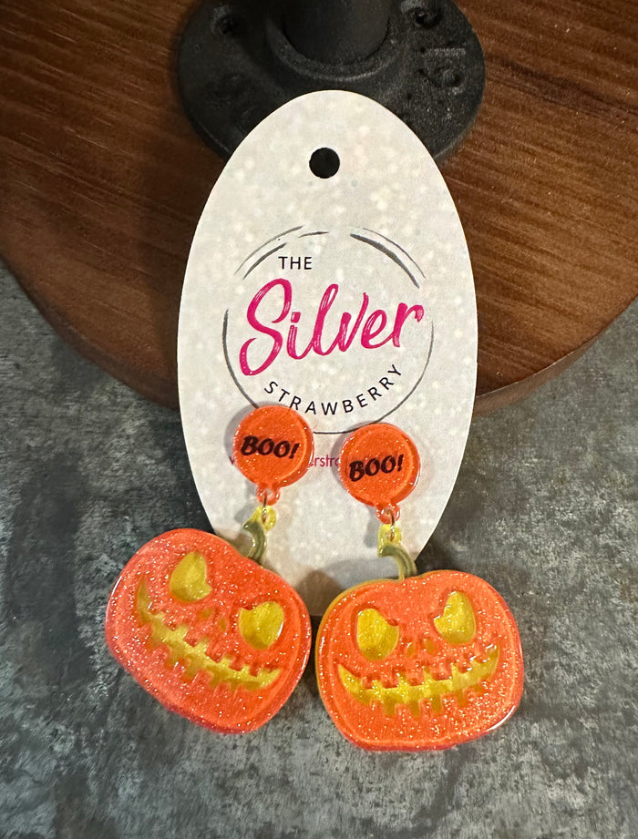 Glossy Acrylic Earrings- "BOO; Jack O Lantern" Pumpkin