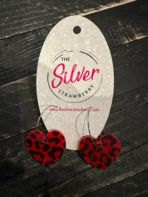 Glossy Acrylic Earrings- "Red Cheetah" Hearts