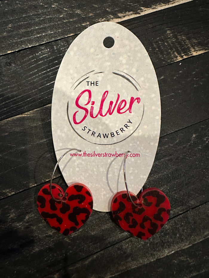 Glossy Acrylic Earrings- "Red Cheetah" Hearts