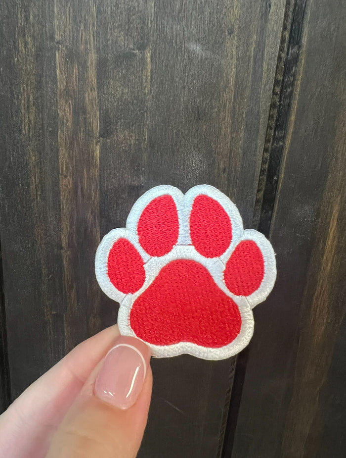 Embroidered Hat Patches- "Red & White Cougar Paw" (2X2)