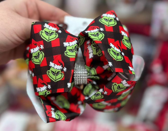 Rhinestone Sweetheart Bows- "Red Gingham Grinch"