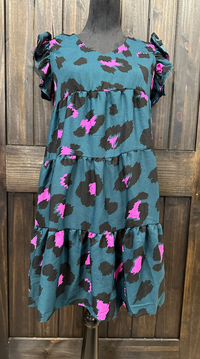 "Pink & Teal Leopard" Flutter Sleeve Dress