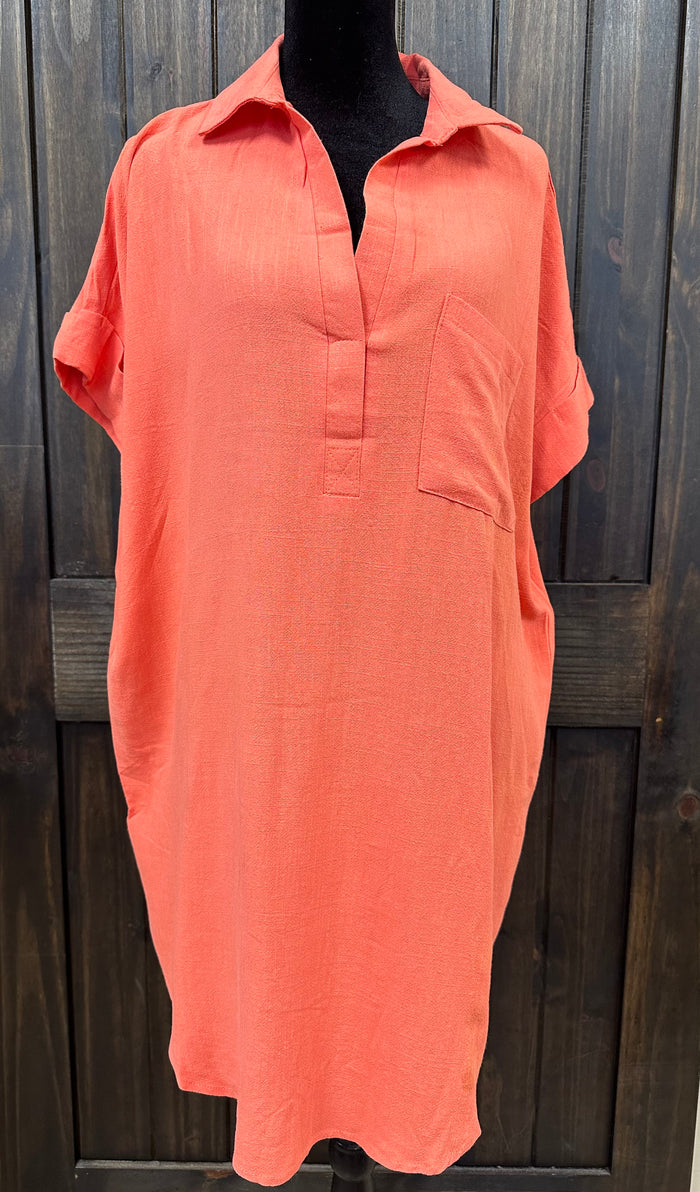 "Orange Coral Woven Front Pocket" Short Sleeve Dress