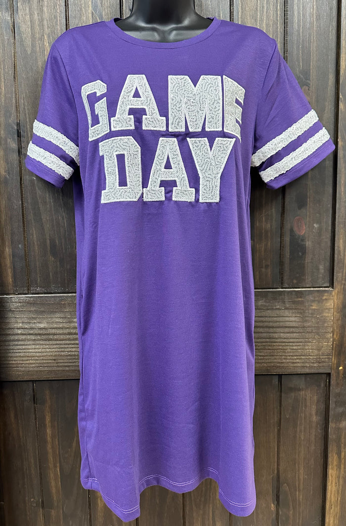 "White Sequin Game Day" Purple T-Shirt Dress