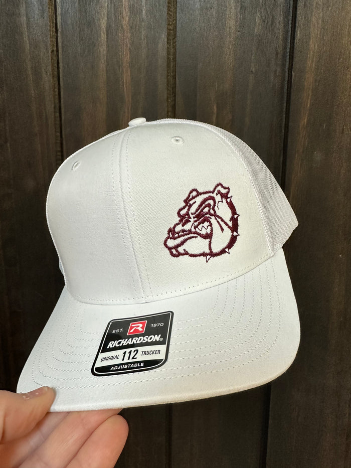 "Maroon Bulldog Head; Side" White Hat (R112)