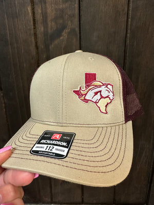 "Mustang In Texas Logo; Side" Maroon & Tan Hat (R112)
