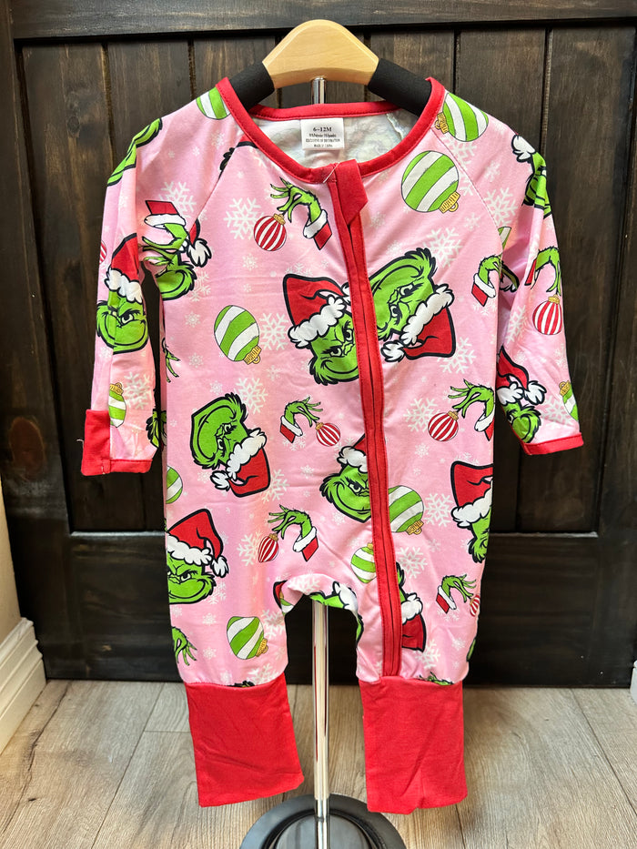 "Pink Mr. Grinch" Zip Up Romper Pajamas