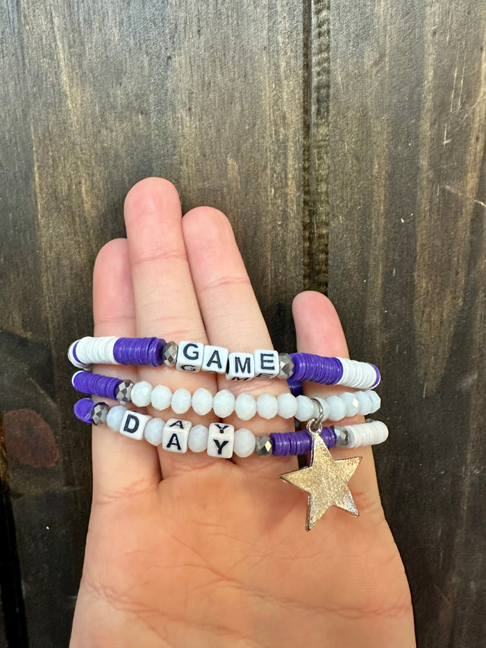 Bre Bracelets- "Game Day" Purple & White Cluster Set