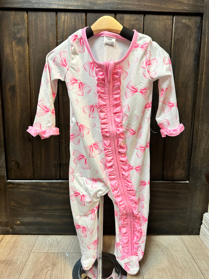 "Pink Bow & Polka Dot" Ruffle Zip Up Romper Pajamas