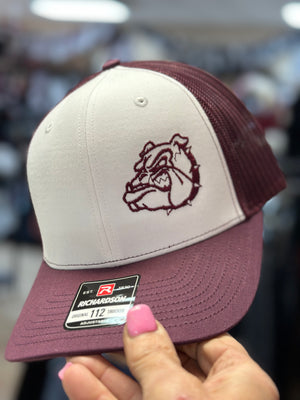 "Maroon Bulldog Head; Side" Maroon & White Hat (R112)