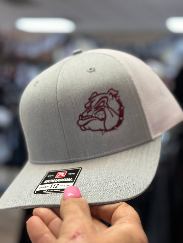 "Maroon Bulldog Head; Side" Grey & White Hat (R112)