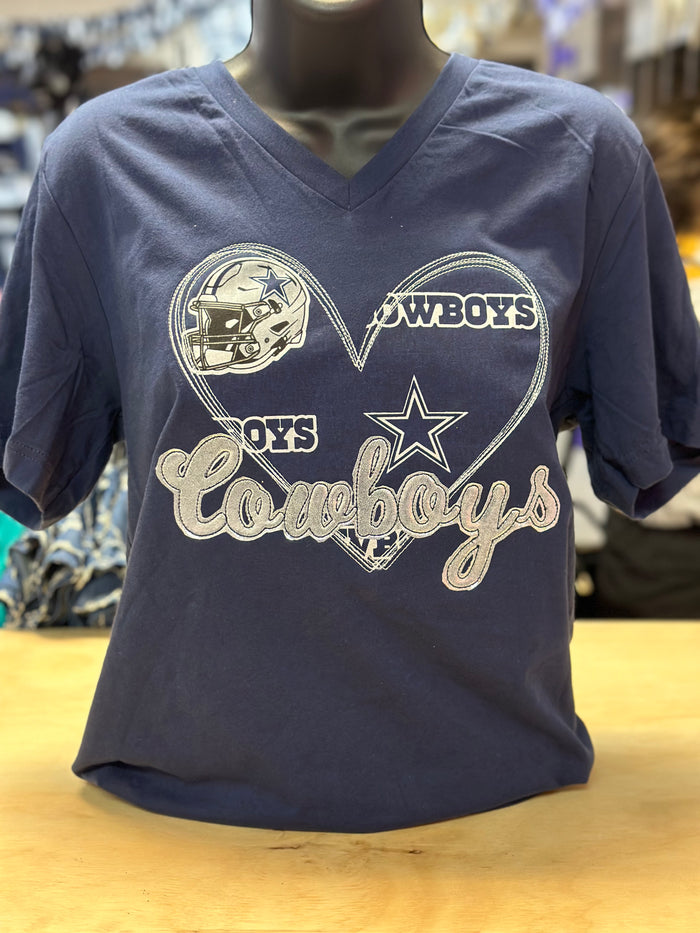 "Cowboys Theme Heart; Cowboys" Applique Navy Tee