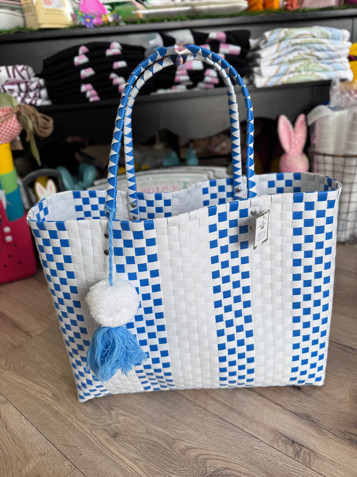 Heather Tote- "Woven" Blue & White