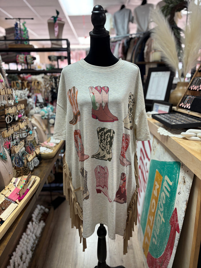 Western Boots Print; Fringed Loose T-Shirt Dress L