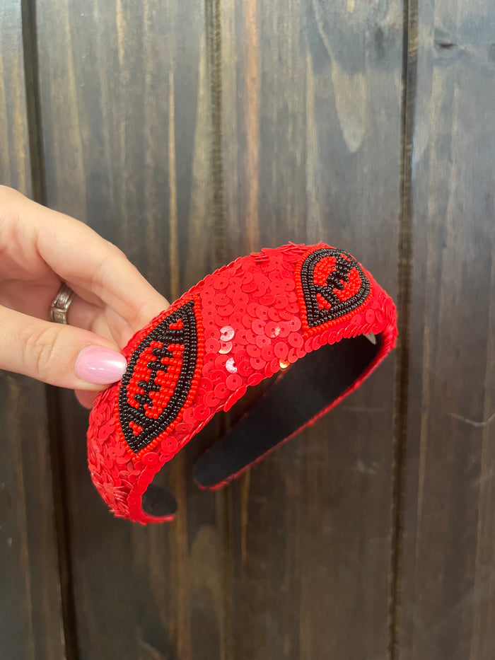 Sequins Beaded Headbands- "Football" Red & Black