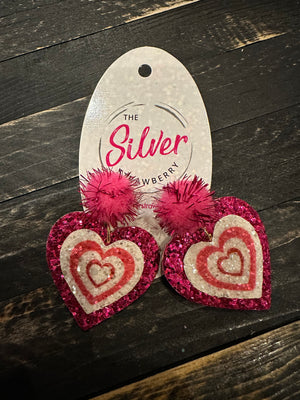 Glamour Glitter Earrings- "White & Pink Hearts" Pink Pom Pom