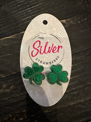 Glossy Acrylic Earrings- "Four Leaf Clover" Green Glitter
