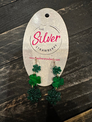 Glossy Acrylic Earrings- "Four Leaf Clover" Triple Drop Glitter & Marble