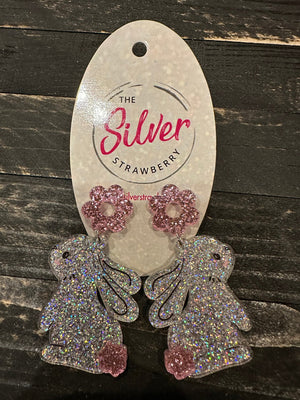 Glossy Acrylic Earrings- "Flower Bunny" Silver Confetti Glitter