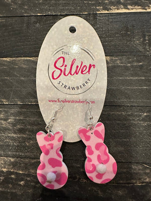 Glossy Acrylic Earrings- Pink Cheetah "Pom Bunny Butt"