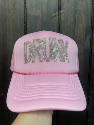 "Drunk Rhinestones" Light Pink Puffer Trucker Hat