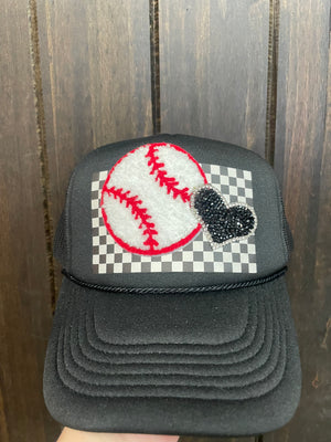 "Baseball; Chenille Letters" Black Trucker Puffer Hat