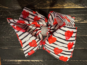 Rhinestone Sweetheart Bows- Red Hearts & Black Stripes