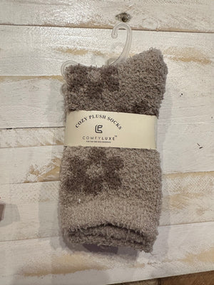 Fuzzy Socks- Brown & Cream Flowers