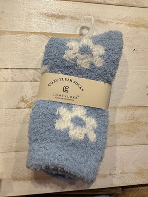 Fuzzy Socks- Blue & White Flowers