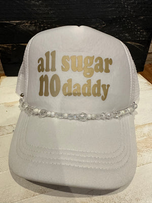 "All Sugar, No Daddy; Pearl Accent Band" White Trucker Puffer Hat