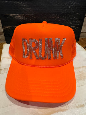 "Drunk Rhinestones" Neon Orange Puffer Trucker Hat