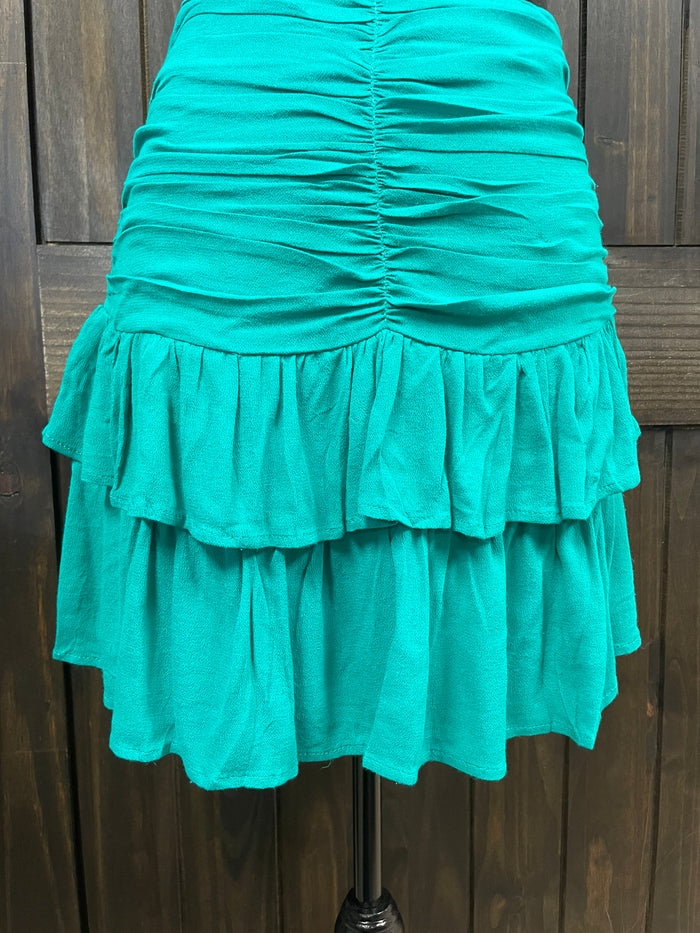 "Jade Green Gathered Ruffle" Side Zip Skirt