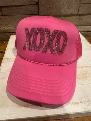 "XOXO Rhinestones" Neon Pink Puffer Trucker Hat