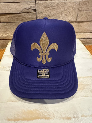 "Fleur De Lis; Gold Glitter" Purple Puffer Trucker Hat