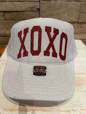 "XOXO; Red" White Puffer Trucker Hat