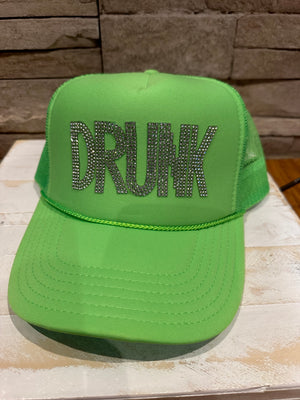"Drunk Rhinestones" Neon Green Puffer Trucker Hat